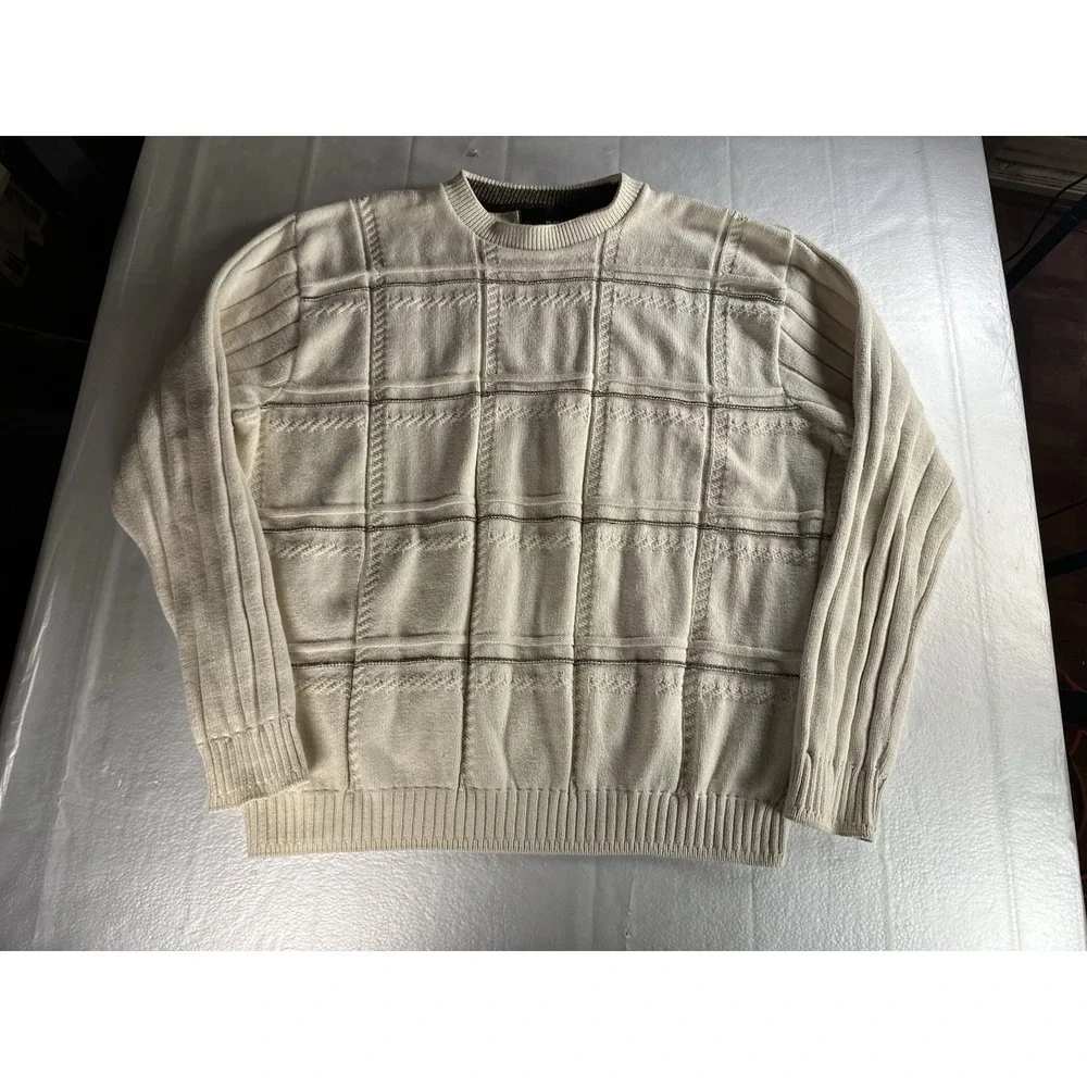 Bill Blass long sleeve cream gray black striped crewneck knit‎ sweater men's XXL